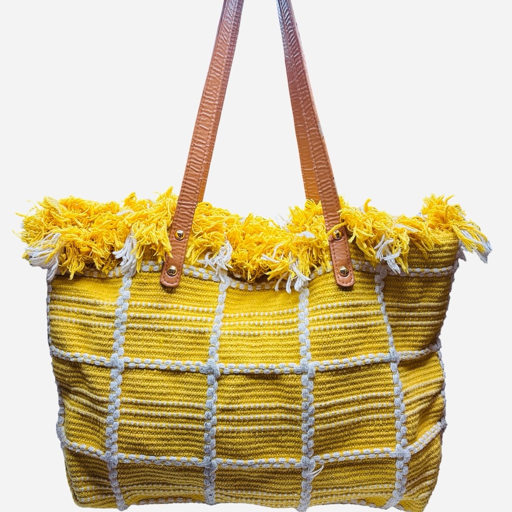 Yellow White Woven Boho Tote Beach Bag Fringe Snap Close